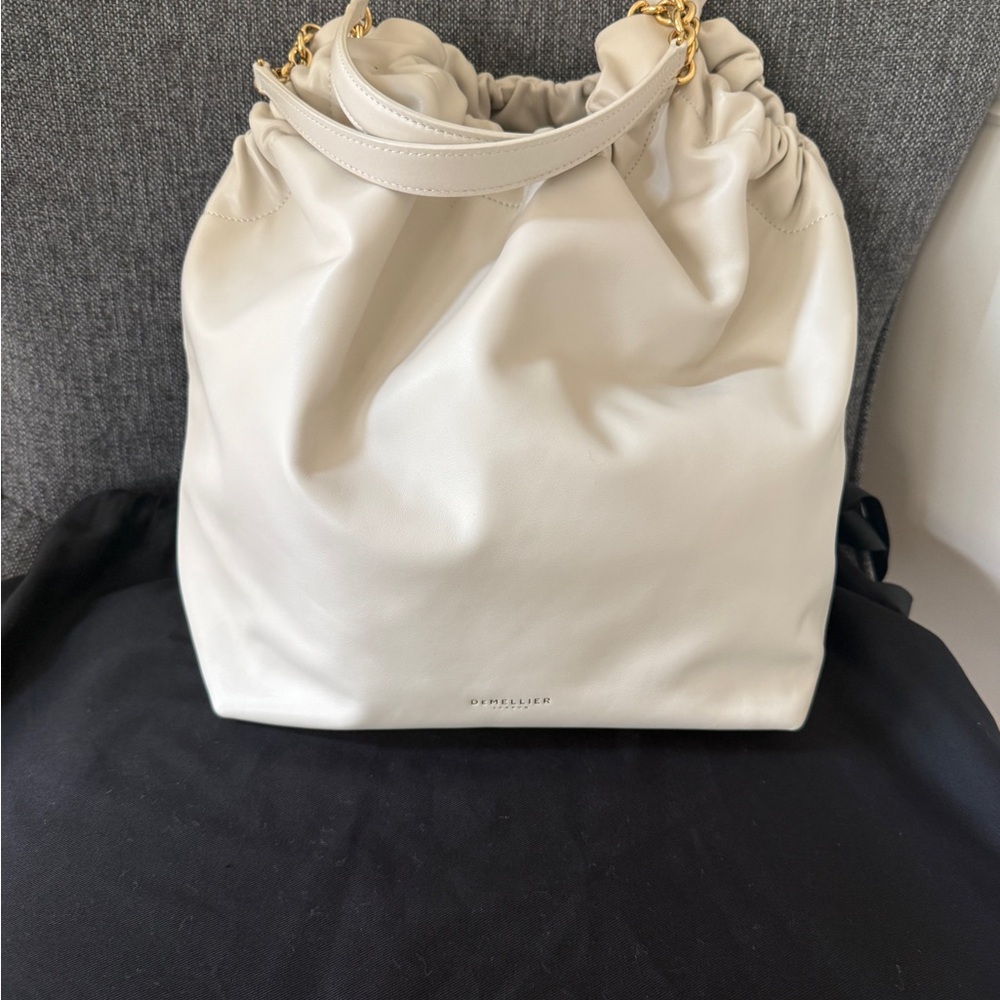 DeMellier Cream Drawstring Shoulder Bag with Gold Chain